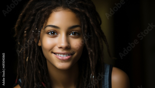 Smiling young woman with curly hair, looking at camera generated by AI
