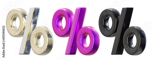 3d set of signs percent discount: gold, purple neon, plastic black on isolated background. Different colorful financial elements for sale banners. 3d rendered illustration photo