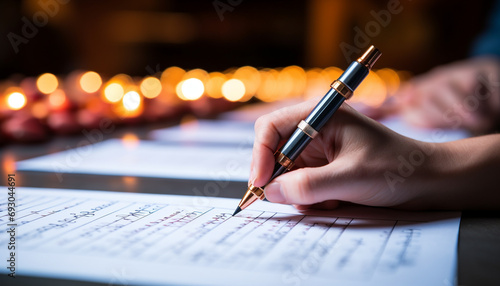 Hand holding pen, signing document on table generated by AI photo