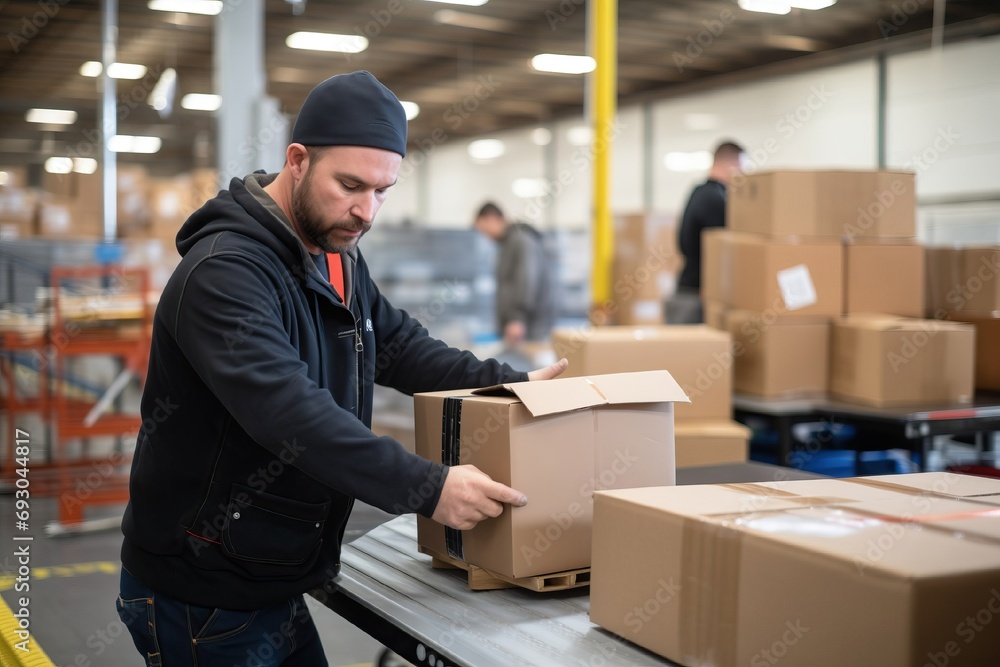 Male warehouse worker efficiently packing goods in carton box Male warehouse worker efficiently packing goods in carton box