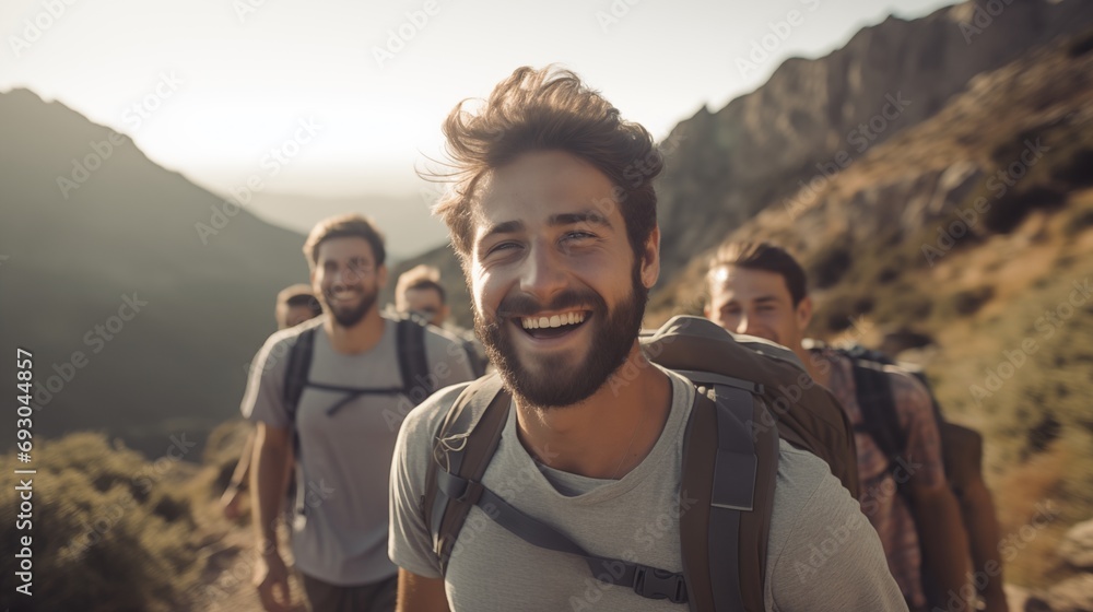 Young cheerful smiling friends men hiking in summer mountains at daylight Young cheerful smiling friends men hiking in summer mountains at daylight
