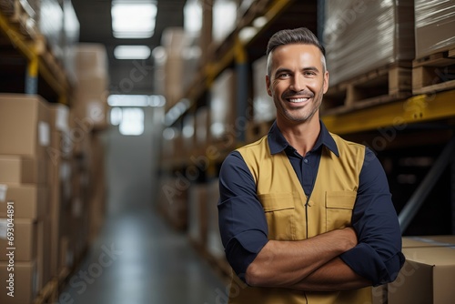 Happy male warehouse worker crossing his arms and smiling at camera