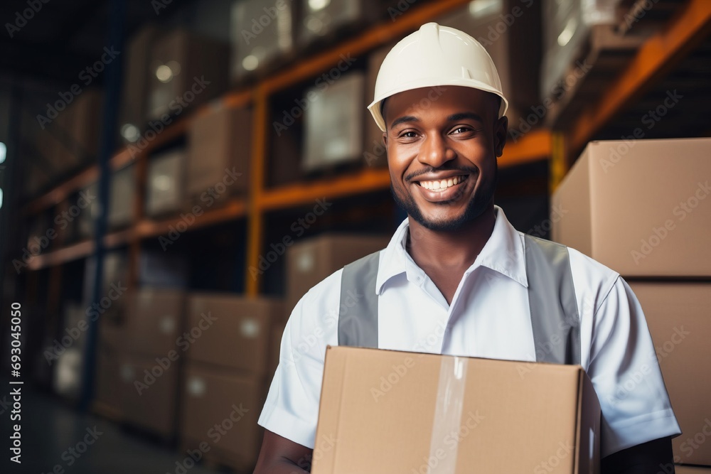 Happy Male Warehouse Worker Holding Box and Smiling at Camera Happy Male Warehouse Worker Holding Box and Smiling at Camera