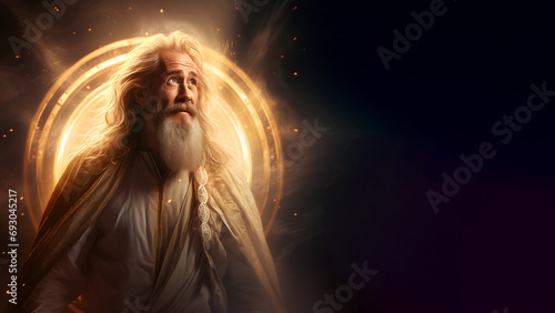 Close up portrait of a Prophet with bright yellow halo behind him, isolated on black background, copy space, 16:9