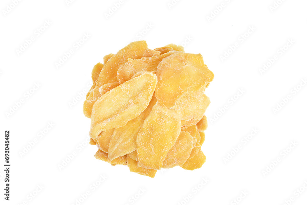 Dried mango fruit pieces isolated on white background. Dried mango fruit pieces isolated on white background.