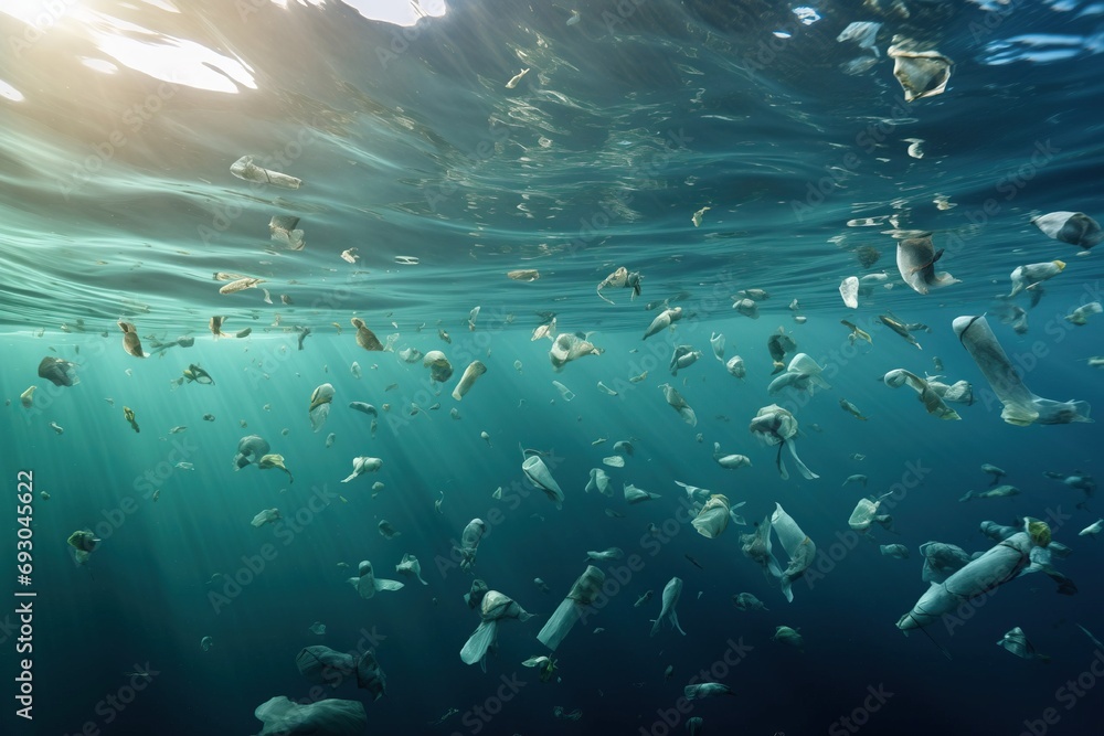 Fototapeta premium Underwater Plastic Waste Dumping: Source Water Pollution Environmental Damage