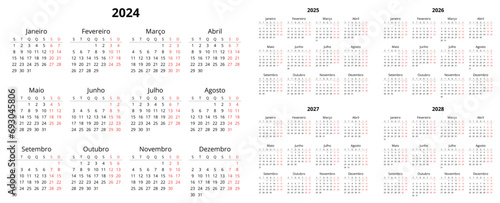 PORTUGUESE calendars 2024, 2025, 2026, 2027, 2028 years. Printable vector illustration set for Portugal photo