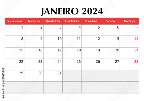 January 2024 portuguese calendar. Vector editable illustration. Monthly planning for business in Portugal