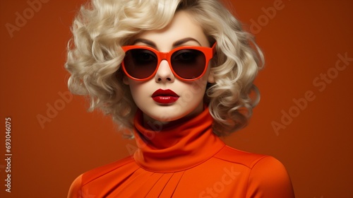portrait of a orange dressed blonde retro style woman with glasses and red lips photo