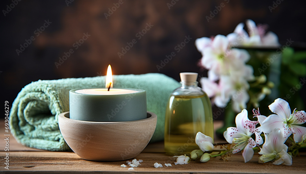 Relaxation, candle, nature, flower, wood, freshness, spa treatment generated by AI