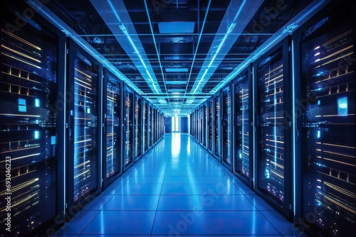 Fully Operational Data Processing Center with Rows of Server Racks