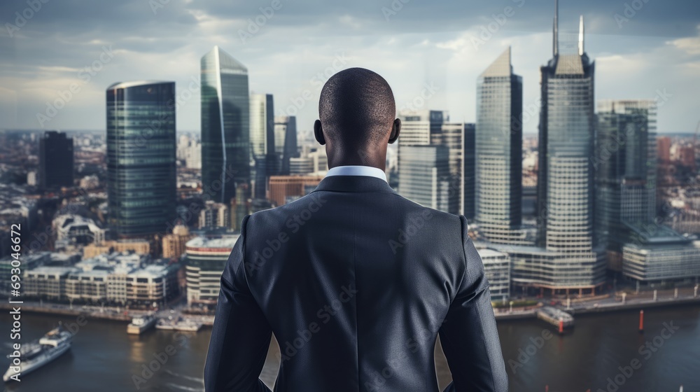 A businessman in a suit looking out over a city A businessman in a suit looking out over a city