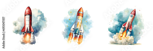 Watercolor Flying Rocket, png transparent photo