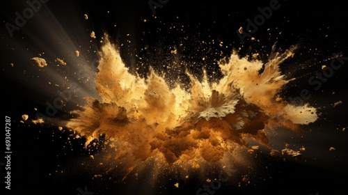 An explosion of orange and yellow powder on a black background