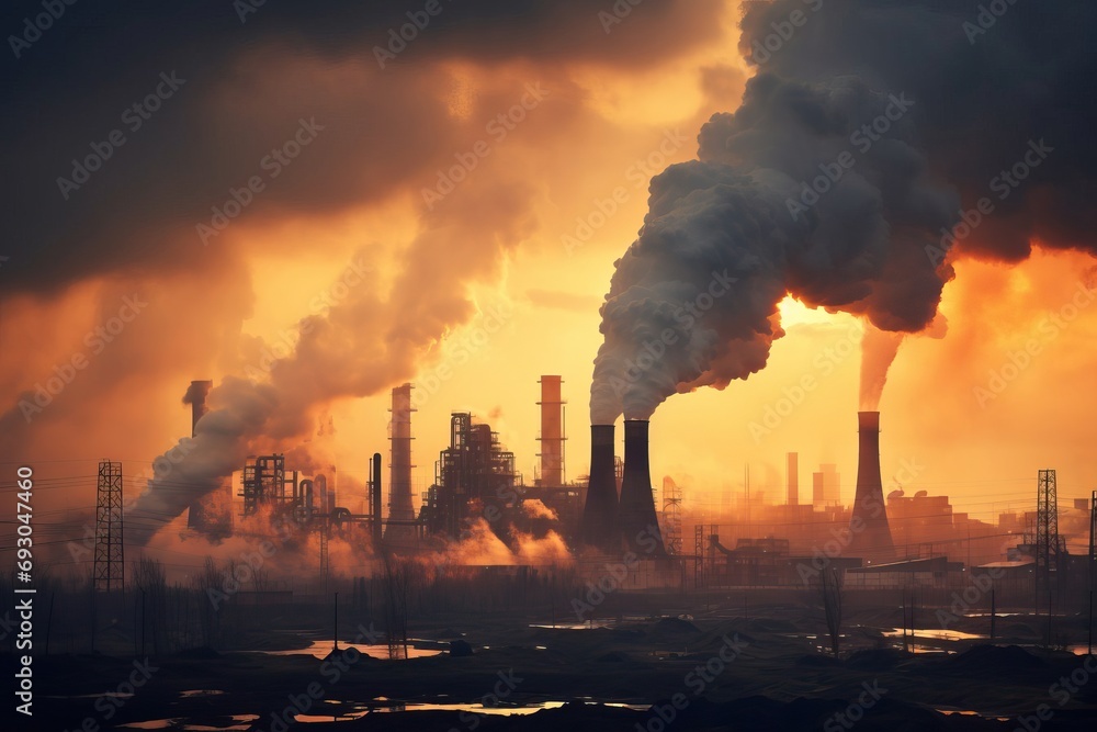Sunrise over Industrial Metallurgical Plant with Smoke Emitting from Pipes