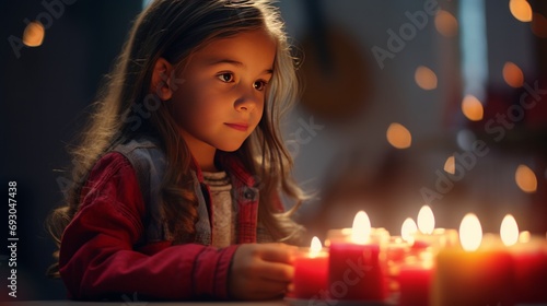 A little girl holding a lit candle in her hands