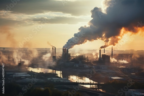 Sunrise over Industrial Metallurgical Plant with Smoke Emitting from Pipes