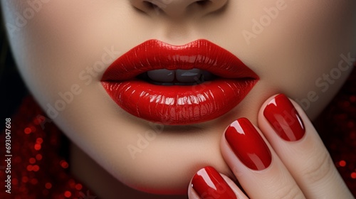 A close up of a woman s face with red lipstick and nail polish