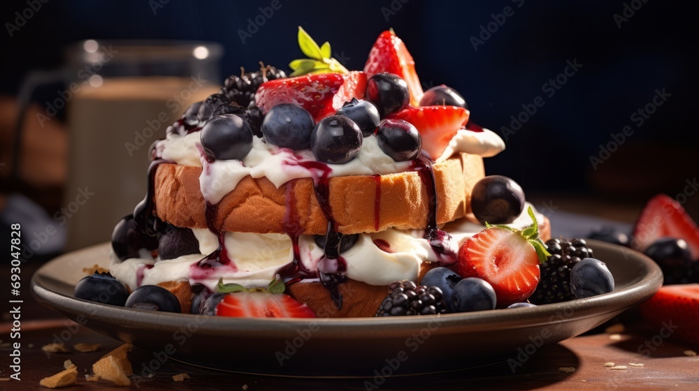 A piece of bread topped with berries and whipped cream