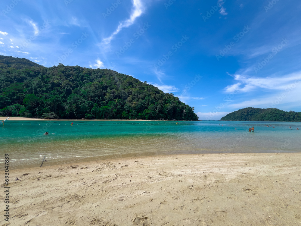 Kho Surin Island Coral reef teaming with reef fish of various colours. the Andaman Sea in  Thailand teaming beautiful lush green mountains and turquoise blue waters white sandy beaches