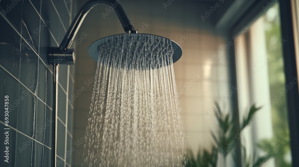 A shower head with water coming out of it - obrazy, fototapety, plakaty 