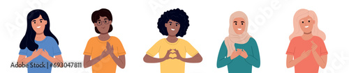 World Thank you day. A thankful youth and senior citizens sending you love, support and gratitude. Women of different nationalities put folded hands on heart.