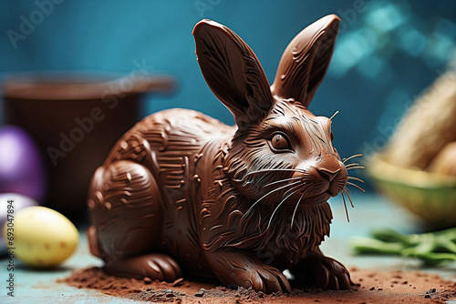 A close-up of a chocolate bunny, highlighting its texture and details. 