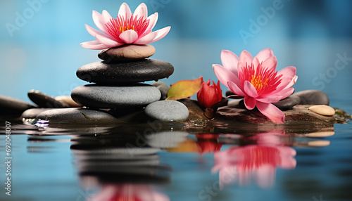 Tranquil scene of a pink lotus water lily generated by AI