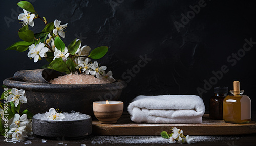 Wooden bowl with fresh flower petals for aromatherapy generated by AI