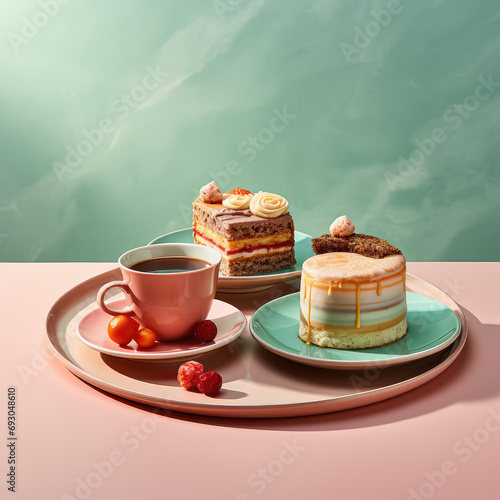 Two plates with two coffees and cakes on them, in the style of nature's wonder, candid, womancore, soft, blended colors, polished concrete, light red and light emerald, transparency photo