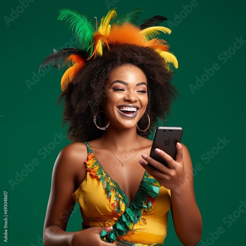 black, beautiful, happy woman, Brazilian carnival outfit, cell phone in hand, smooth, clean background