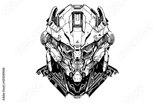 Hand-Drawn AI Robot Cyborg in a Timeless Vintage Engraved Style. Vector Illustration.