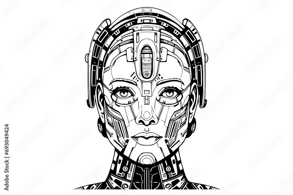 Hand-Drawn AI Robot Cyborg in a Timeless Vintage Engraved Style. Vector Illustration. Hand-Drawn AI Robot Cyborg in a Timeless Vintage Engraved Style. Vector Illustration.
