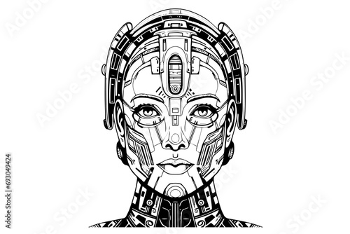 Hand-Drawn AI Robot Cyborg in a Timeless Vintage Engraved Style. Vector Illustration.