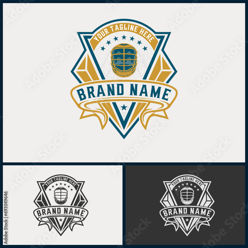 Lacrosse vector logo. Helmet icon in badge, Lacrosse sport team design