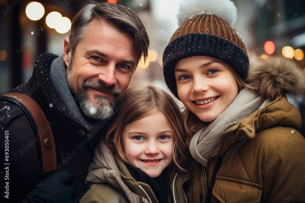 Portrait of happy and cheerful full family standing outdoor while shopping on Christmas market. Family at Christmas shopping. Souvenir shops, shopping presents Portrait of happy and cheerful full family standing outdoor while shopping on Christmas market. Family at Christmas shopping. Souvenir shops, shopping presents