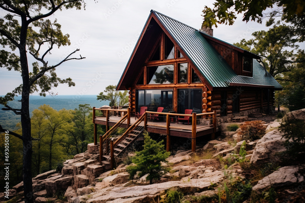 Obraz premium Rustic log cabin on the top of hill overlooking the sea.