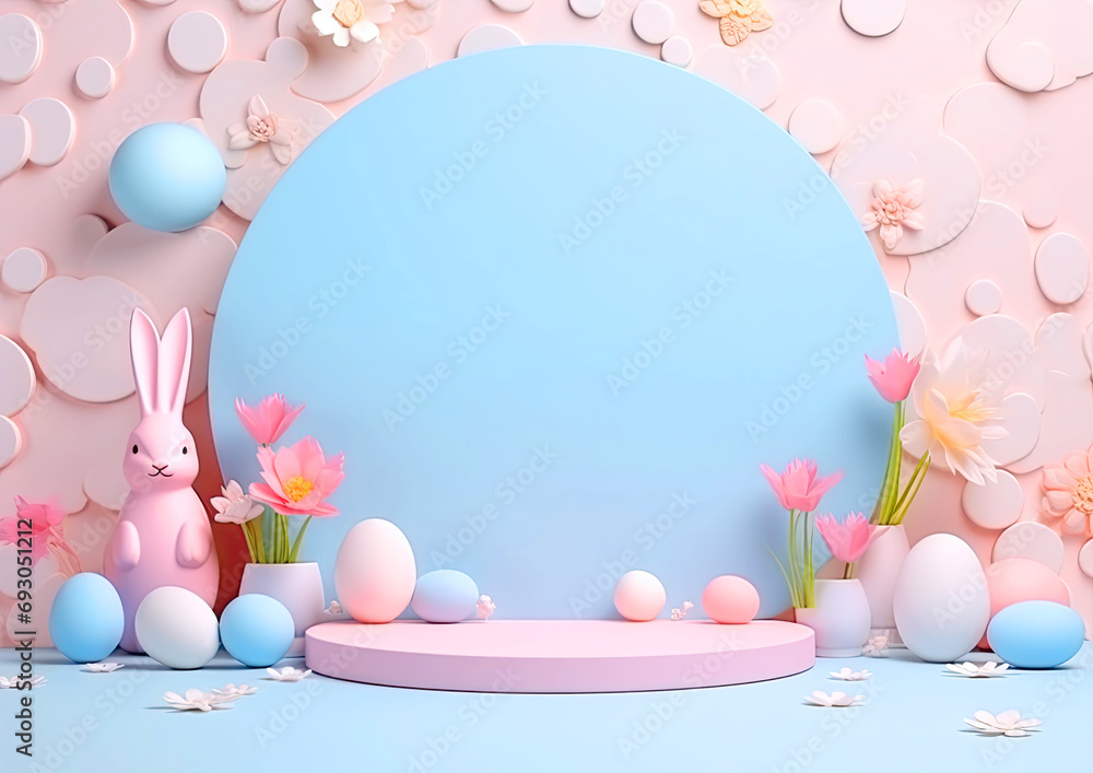 Easter card with pink and blue eggs and spring flowers on a light blue background and round copyspace for text