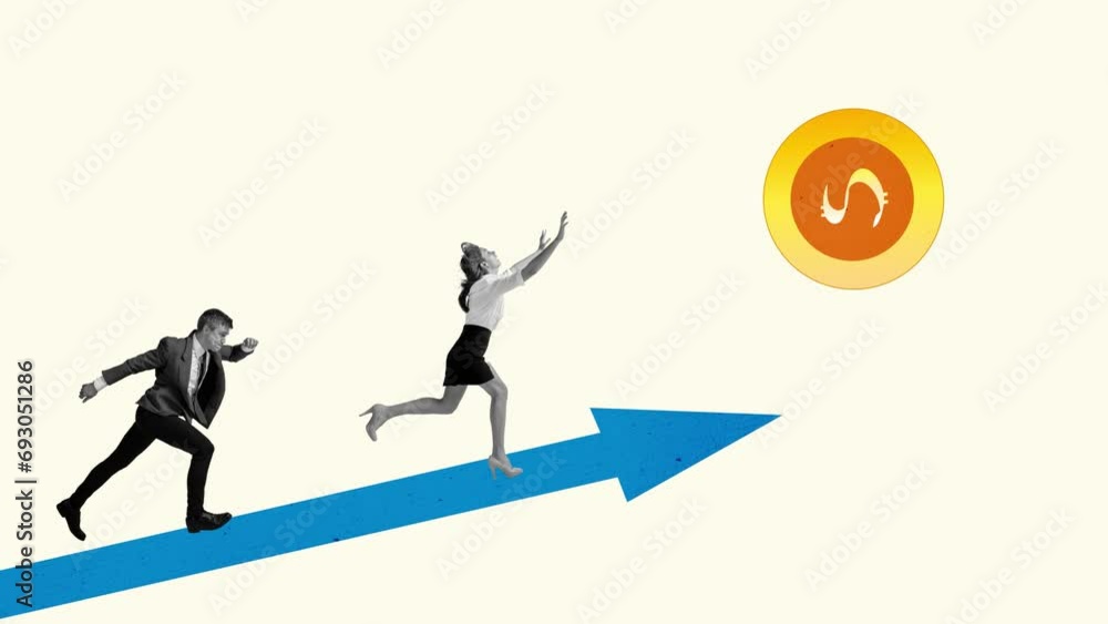 Stop motion, animation. Employees running on arrow symbol to abstract goal as dollar sign, symbolizing new professional ideas. Concept of business, teem, motivation, achievement, teamwork and ad Stop motion, animation. Employees running on arrow symbol to abstract goal as dollar sign, symbolizing new professional ideas. Concept of business, teem, motivation, achievement, teamwork and ad