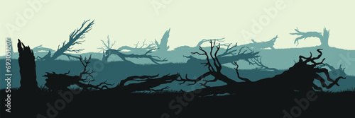 Broken forest landscape. Fallen trees silhouette. Natural scene after storm. Destroyed wood panorama. Marsh drawing