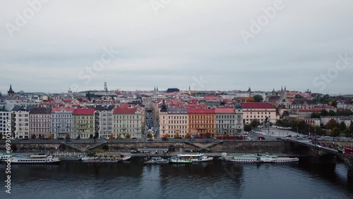 Beautiful aerial view of Prague city in Czech republic with Vltava river and old town in autumn time - taken by drone. Cityscape of Prague from above.