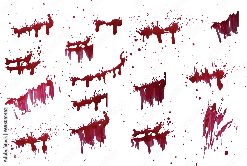 Set of blood drop and splatter isolated background. red ink splashes. Realistic collection of bloody splatter blob of blood background