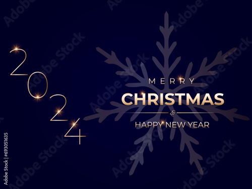 Happy new 2024 year. Minimalistic christmas template.  Elegant gold text with light. 	