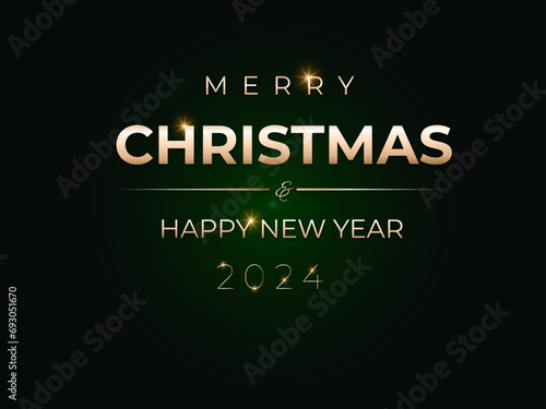 Happy new 2024 year. Minimalistic christmas template.  Elegant gold text with light. 	
