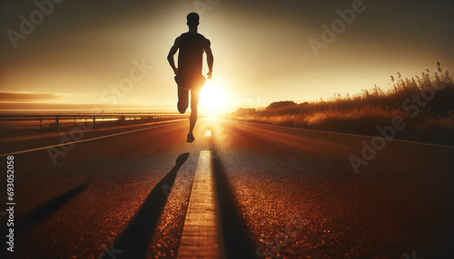 runner running towards the sunset photo