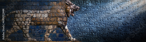 Ancient cuneiform Sumerian text and relief of a lion, a mythical Assyrian deity. Historical background on the theme of civilizations of Assyria, Mesopotamia, Babylon, interfluve, Sumerian. photo