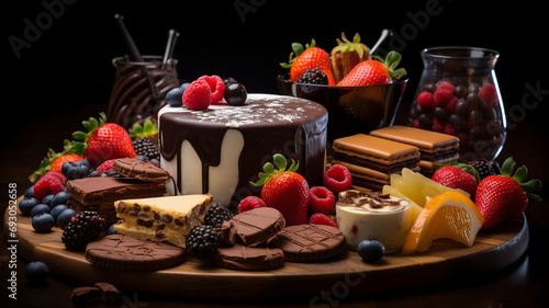 Delicious chocolate dessert table with fruits. Dark chocolate day