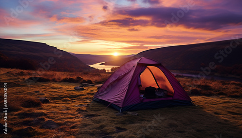 Camping in nature, sunset adventure, mountain hiking generated by AI
