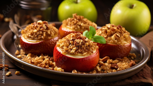 Fruit dessert baked red apples stuffed with granola. Generative AI