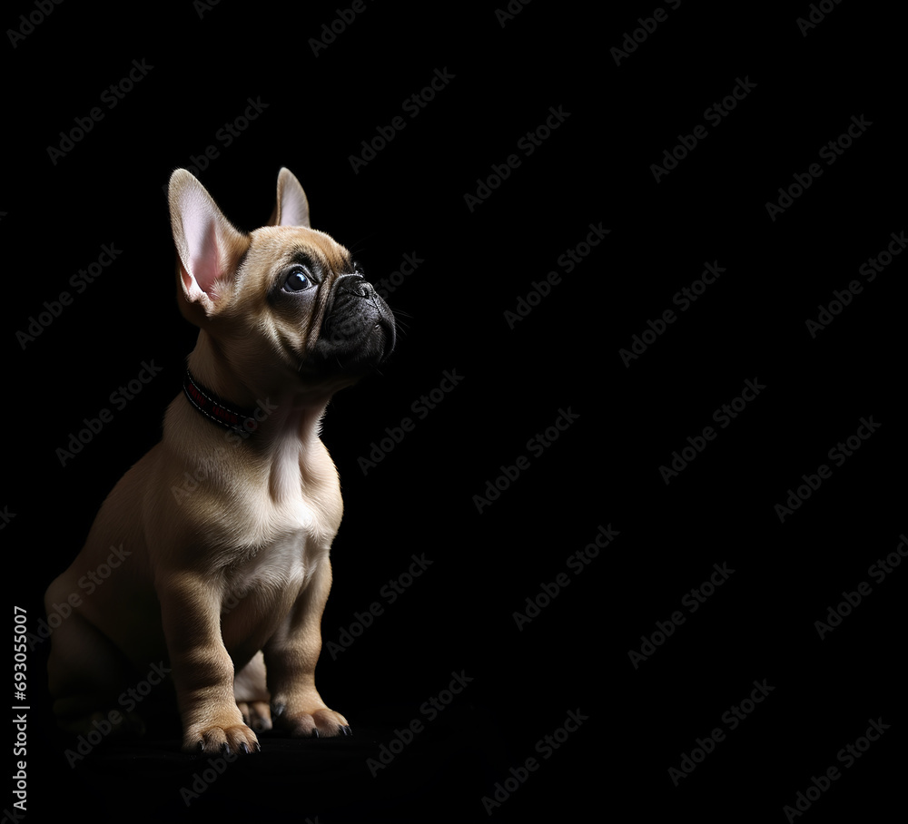 Fototapeta premium Portrait of French Bulldog pupopy looking up on black background with copy space